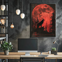 Wolf Howling Under Red Moon Artistic Animal Poster PosterGoat