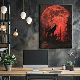 Wolf Howling Under Red Moon Artistic Animal Poster PosterGoat