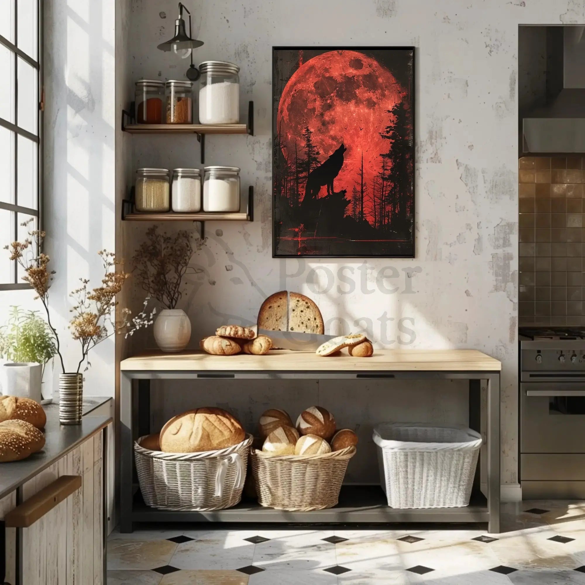Wolf Howling Under Red Moon Artistic Animal Poster PosterGoat