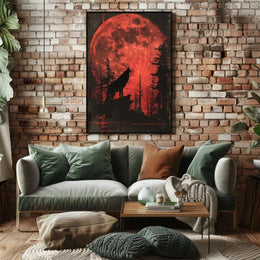 Wolf Howling Under Red Moon Artistic Animal Poster PosterGoat