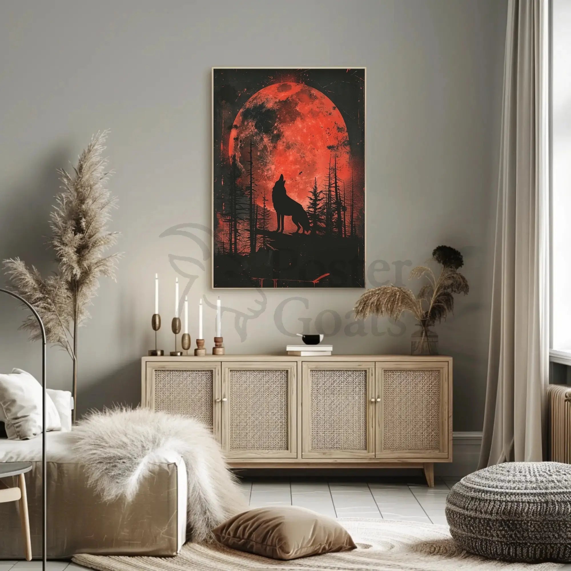 Wolf Howling at Red Moon Animal Poster PosterGoat