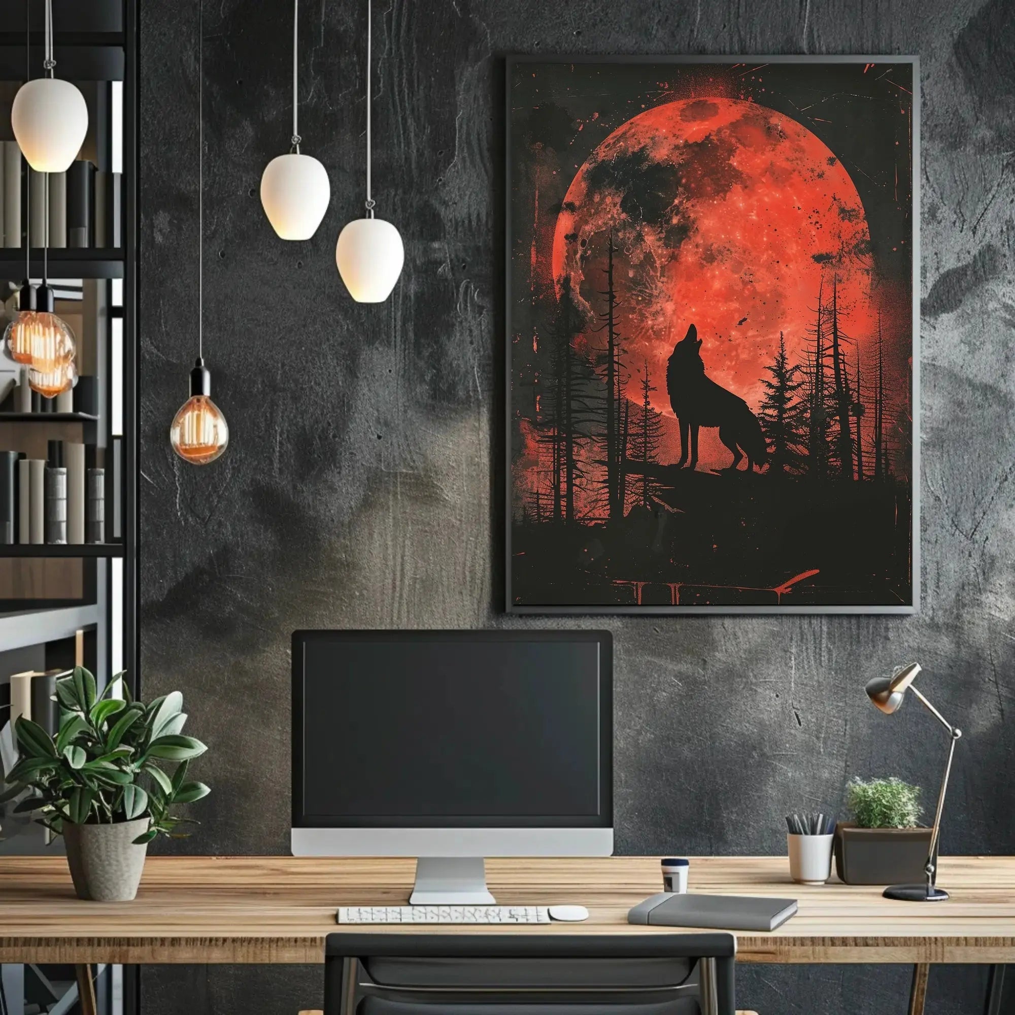 Wolf Howling at Red Moon Animal Poster PosterGoat