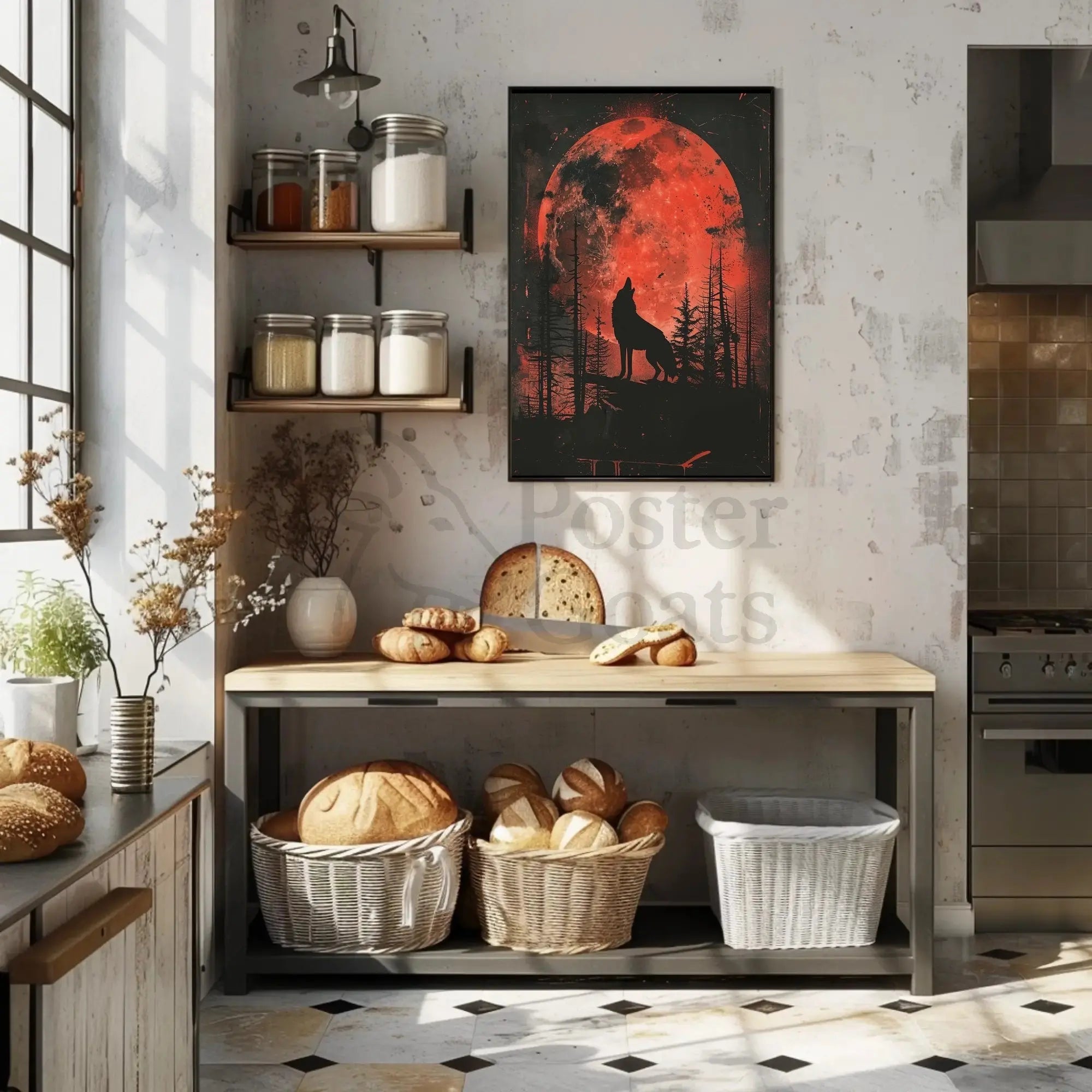 Wolf Howling at Red Moon Animal Poster PosterGoat