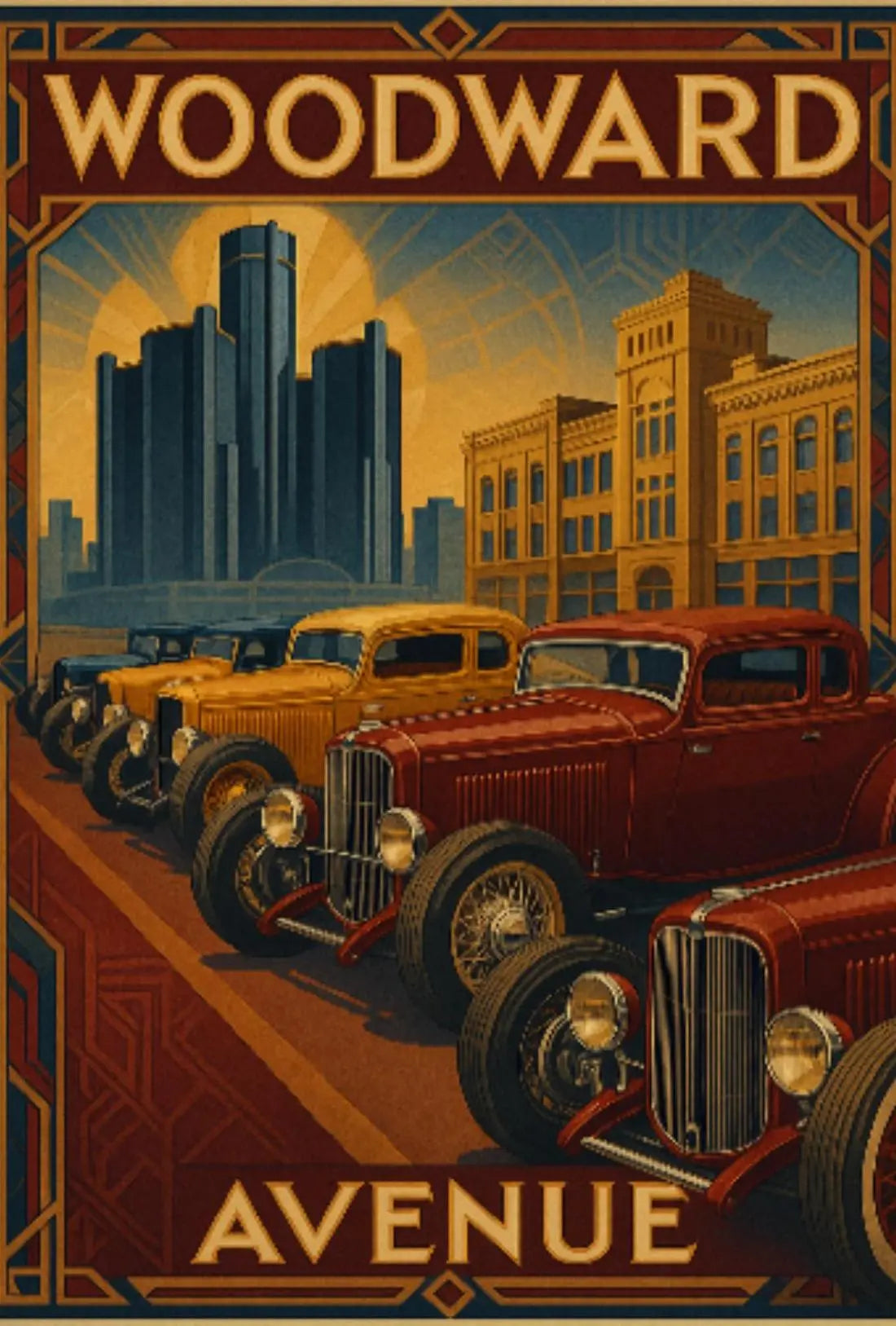 A poster featuring classic cars lined up along Woodward Avenue with an urban skyline in the background, predominantly in warm tones.