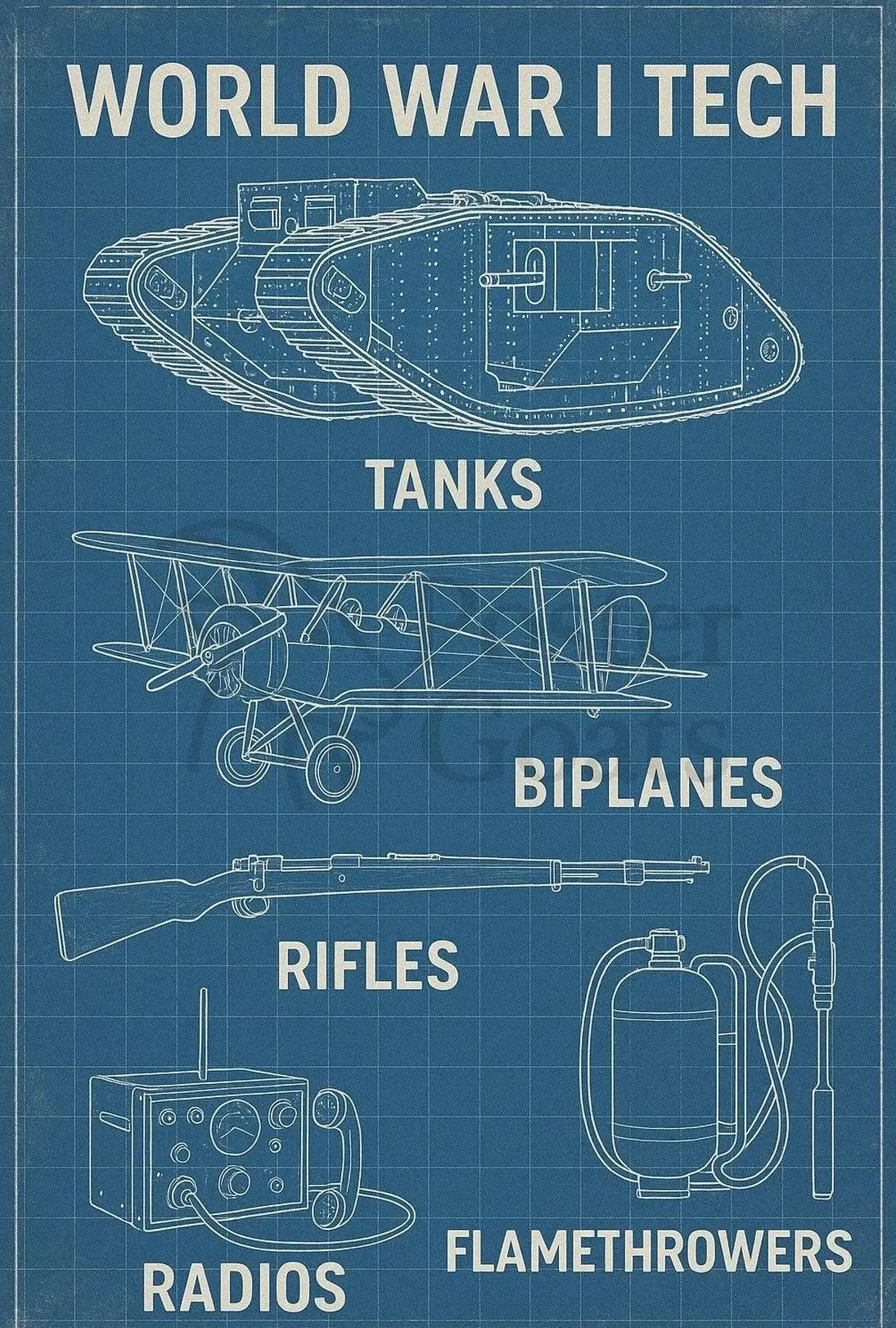 World War I Technology Innovations Historical Poster PosterGoat