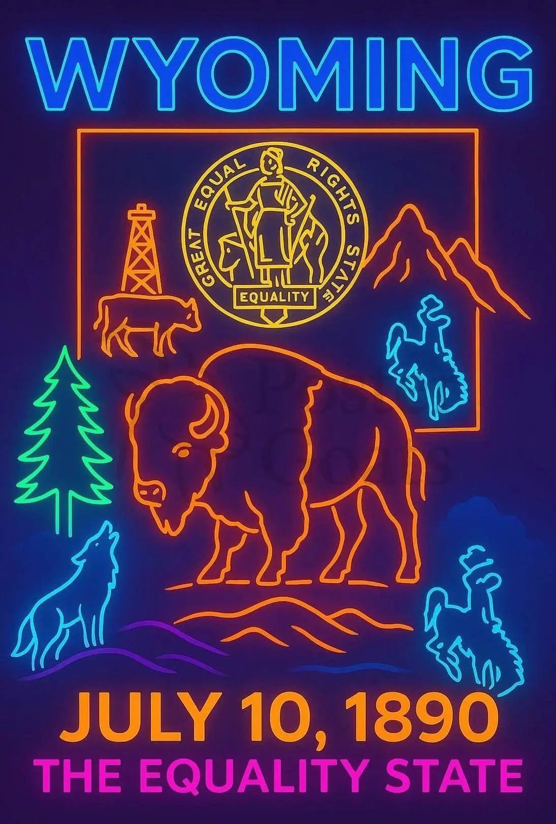 Wyoming Equality State Neon Art Heritage Poster PosterGoat