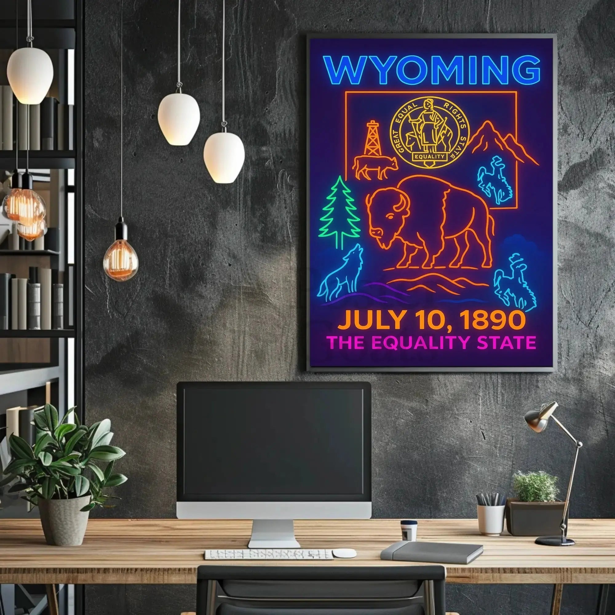 Wyoming Equality State Neon Art Heritage Poster PosterGoat