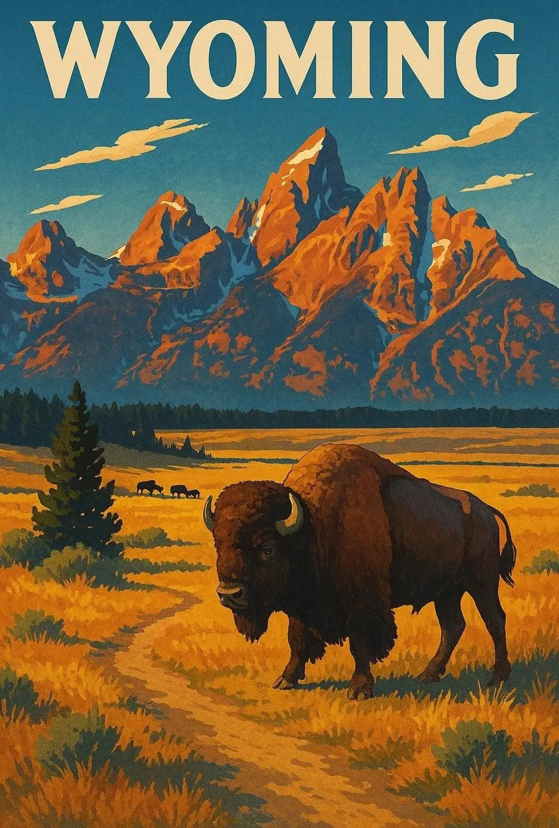 Wyoming Grand Teton Bison Retro National Park Poster PosterGoat