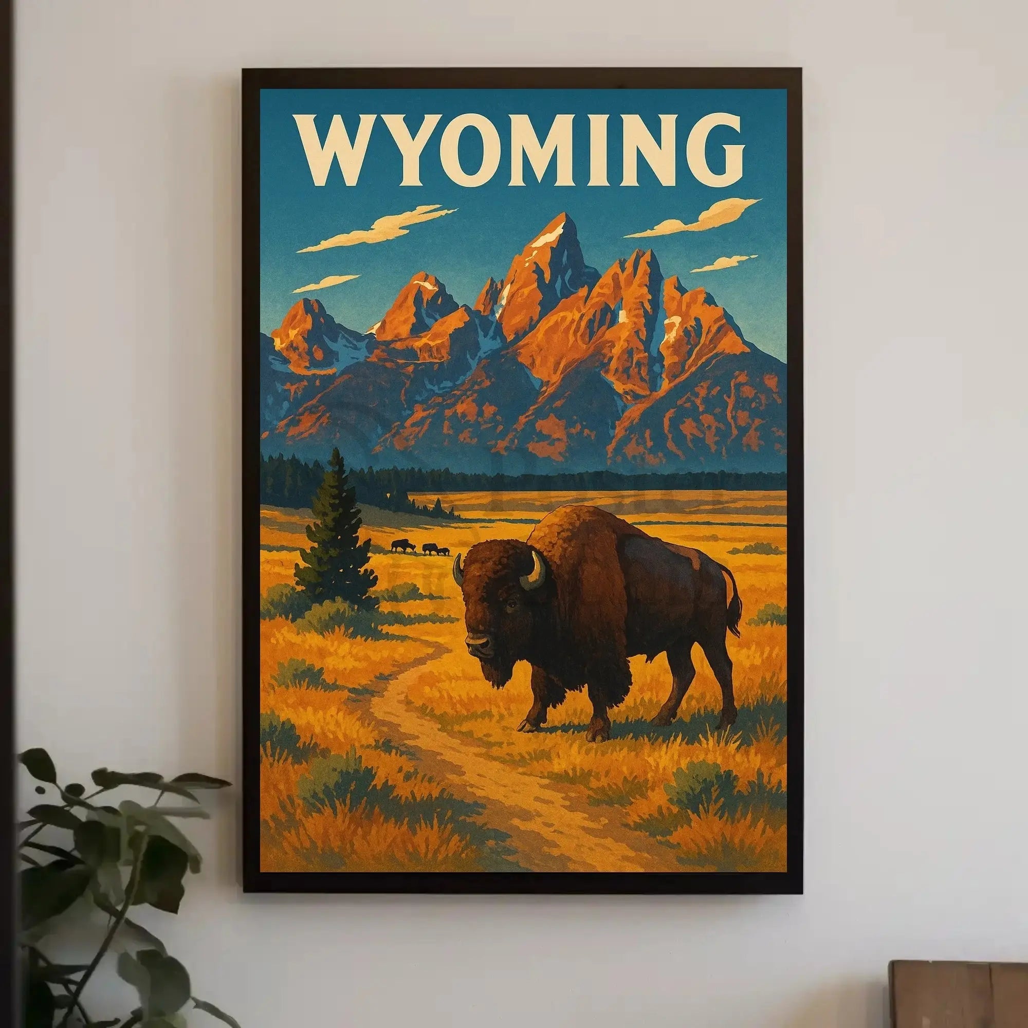 Wyoming Grand Teton Bison Retro National Park Poster PosterGoat