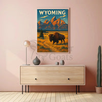 Wyoming Grand Teton Bison Retro National Park Poster PosterGoat
