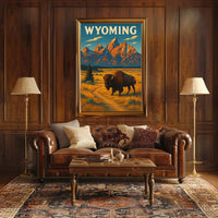 Wyoming Grand Teton Bison Retro National Park Poster PosterGoat