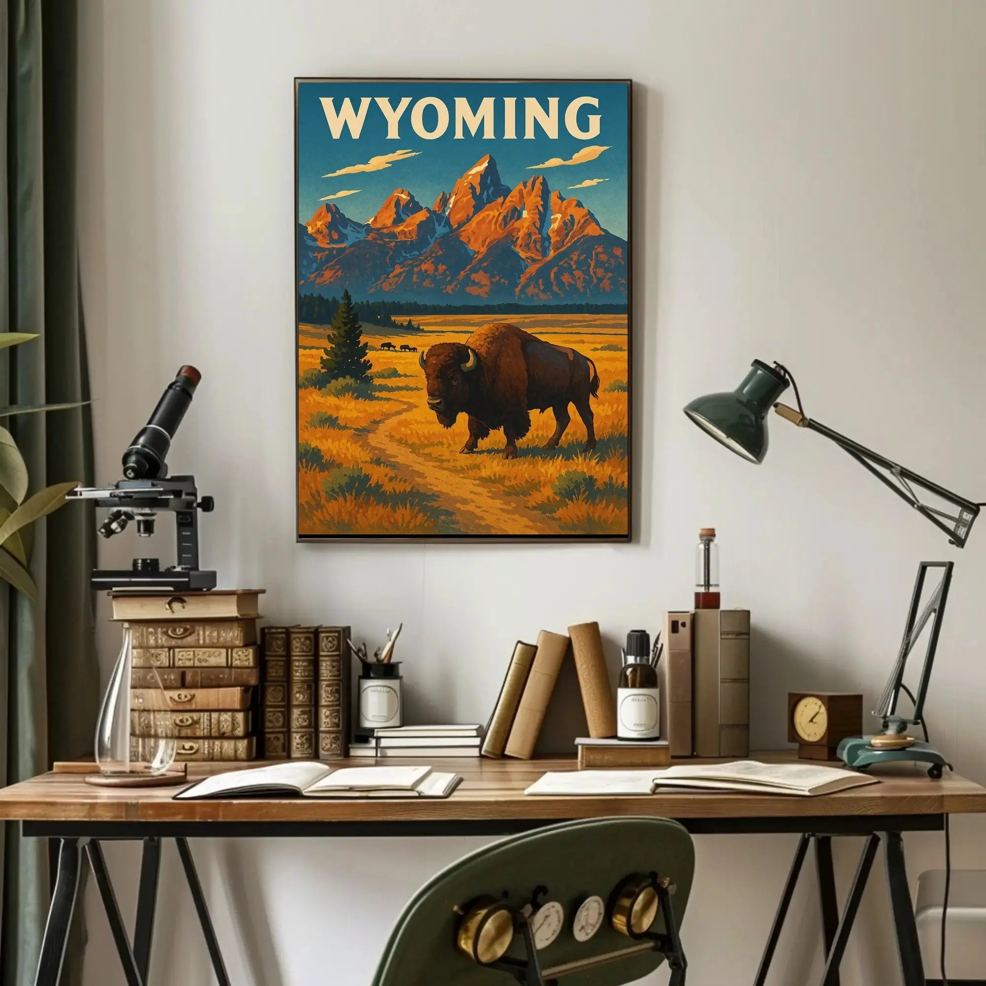 Wyoming Grand Teton Bison Retro National Park Poster PosterGoat