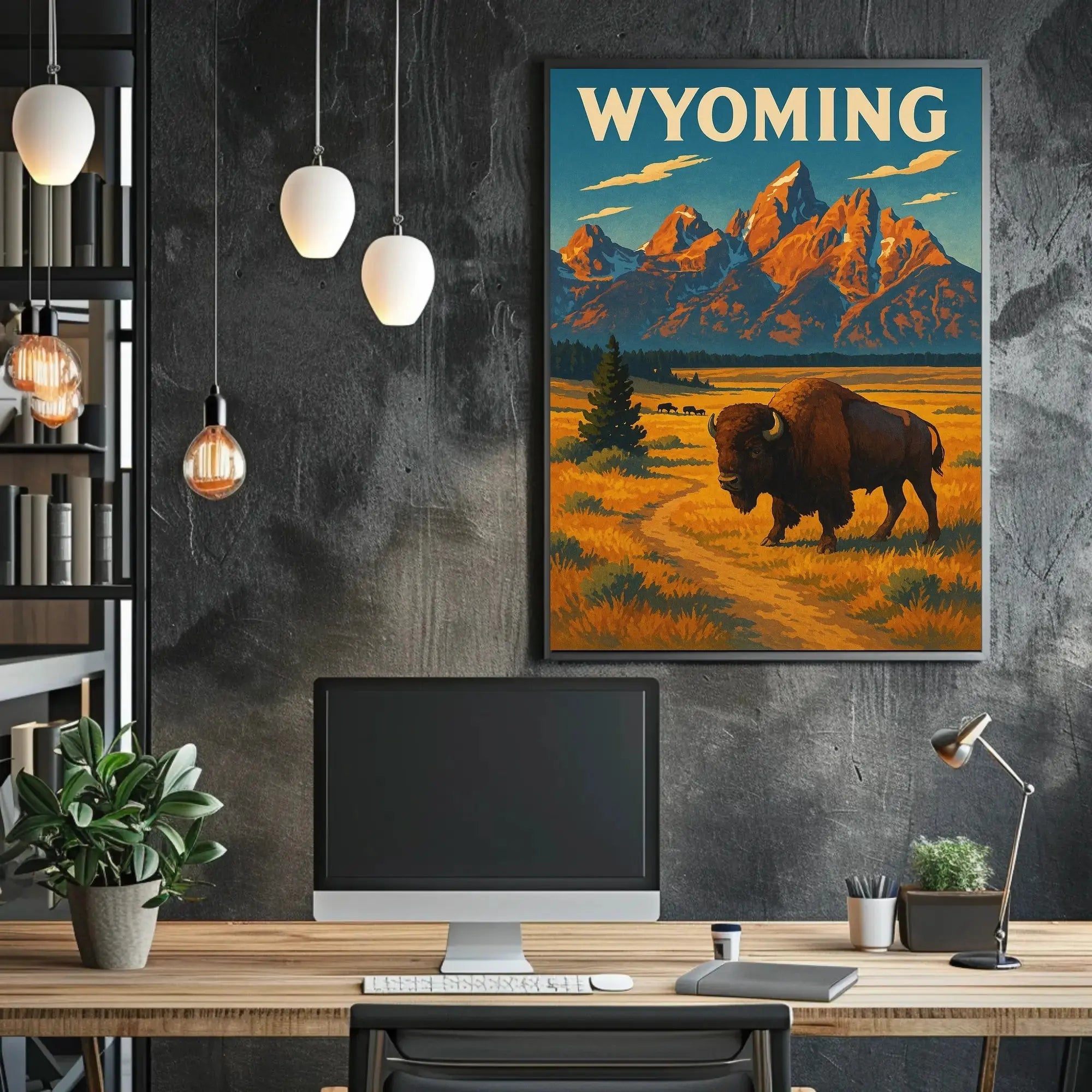 Wyoming Grand Teton Bison Retro National Park Poster PosterGoat