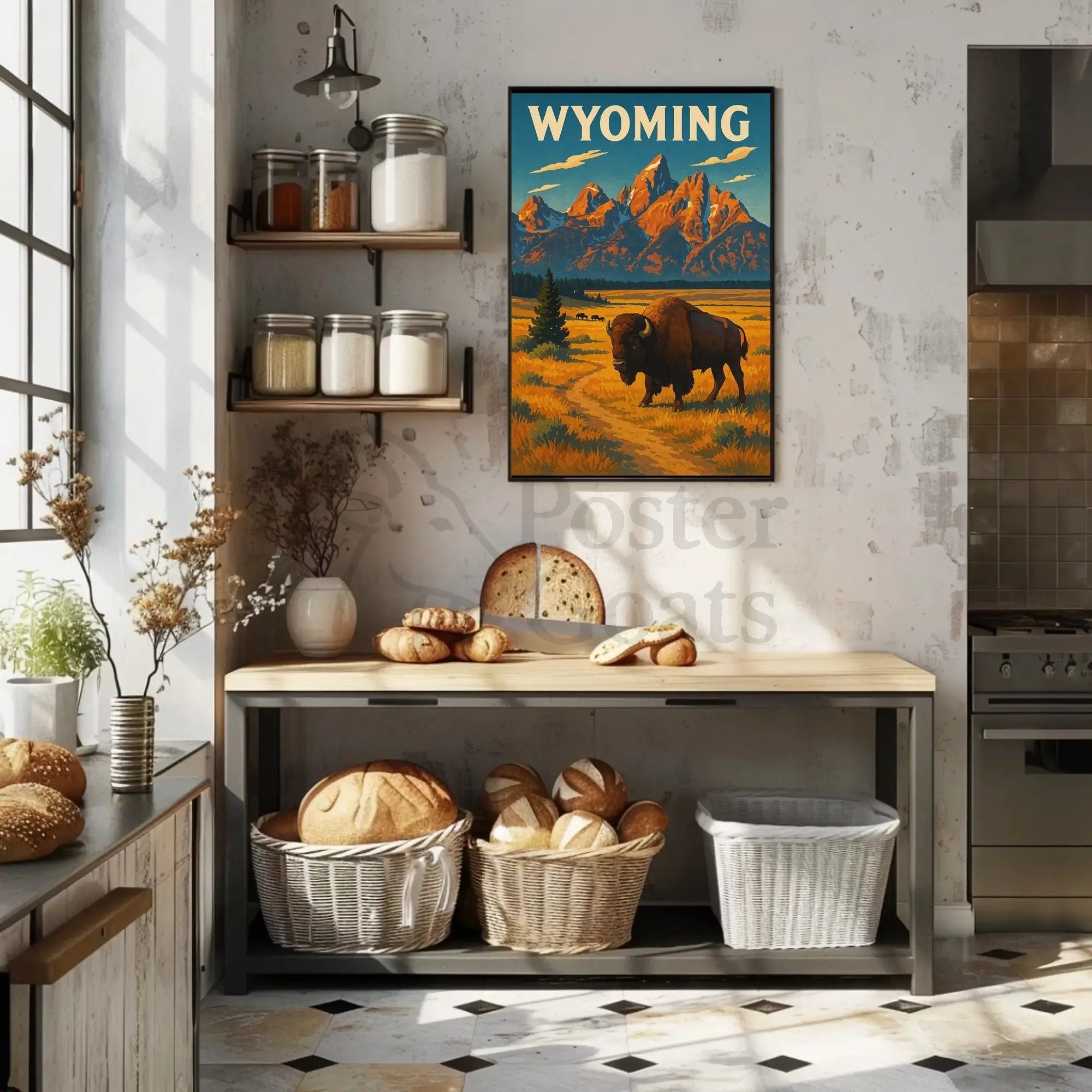 Wyoming Grand Teton Bison Retro National Park Poster PosterGoat