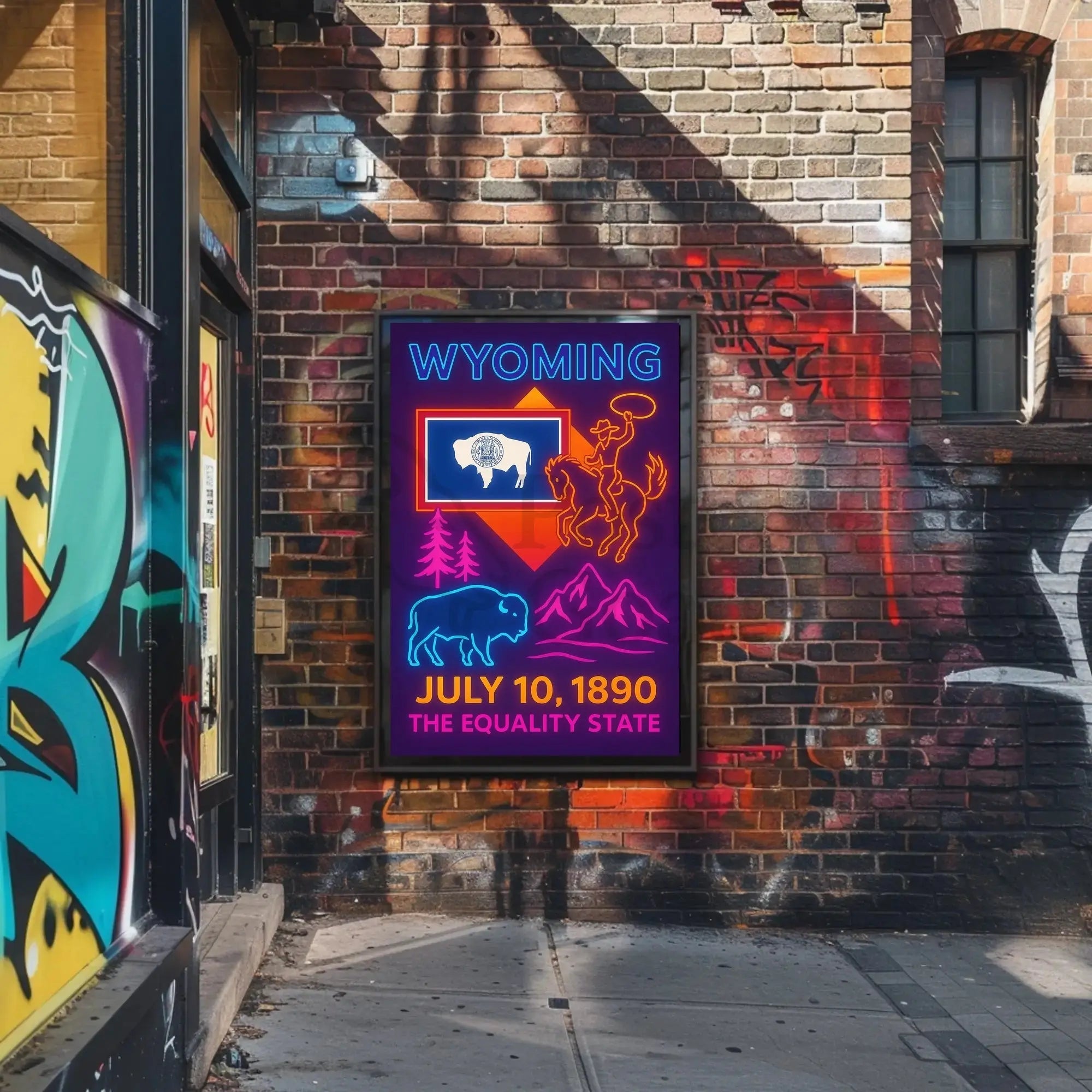 Wyoming Neon Celebration Heritage Poster PosterGoat