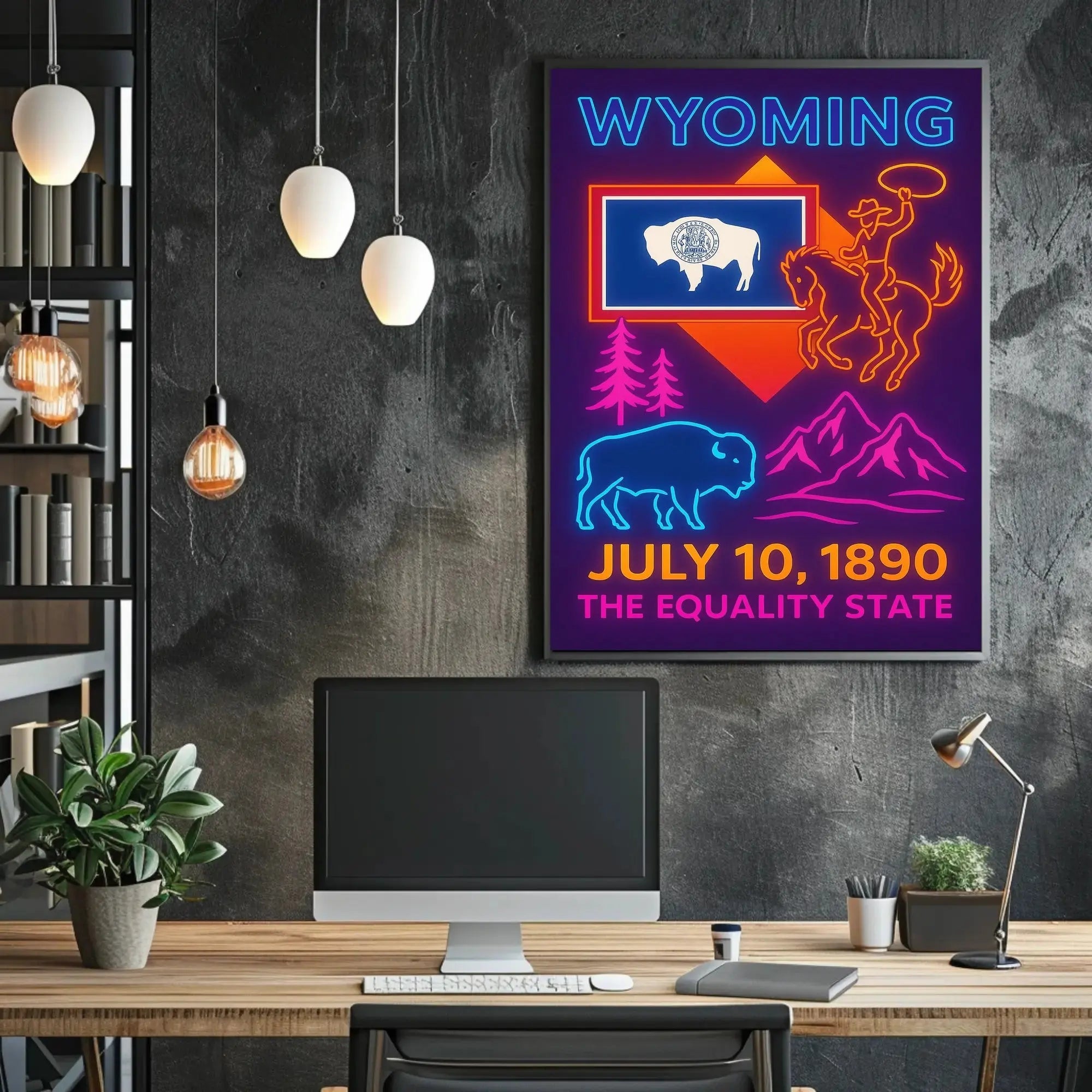 Wyoming Neon Celebration Heritage Poster PosterGoat