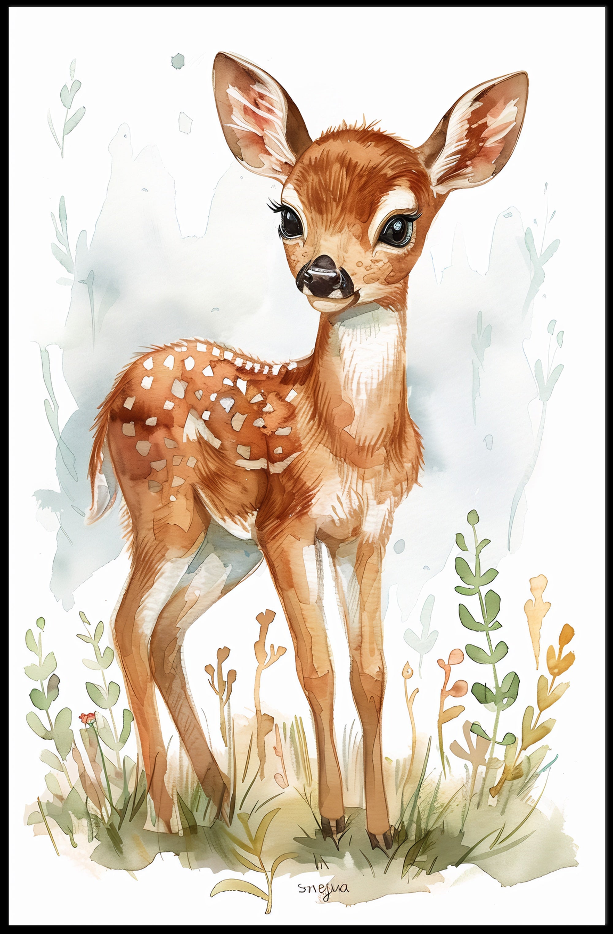 Young Deer in Nature Watercolor Animal Poster PosterGoat