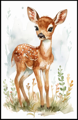 Young Deer in Nature Watercolor Animal Poster PosterGoat