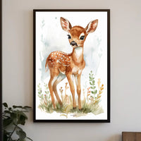 Young Deer in Nature Watercolor Animal Poster PosterGoat