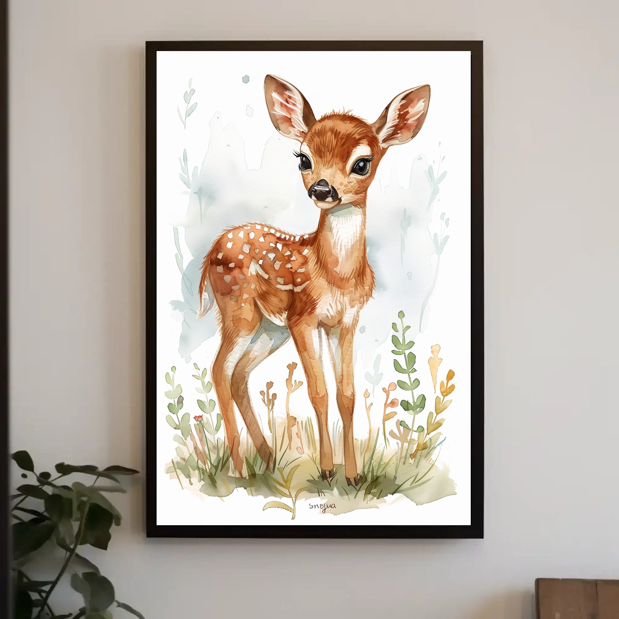 Young Deer in Nature Watercolor Animal Poster PosterGoat