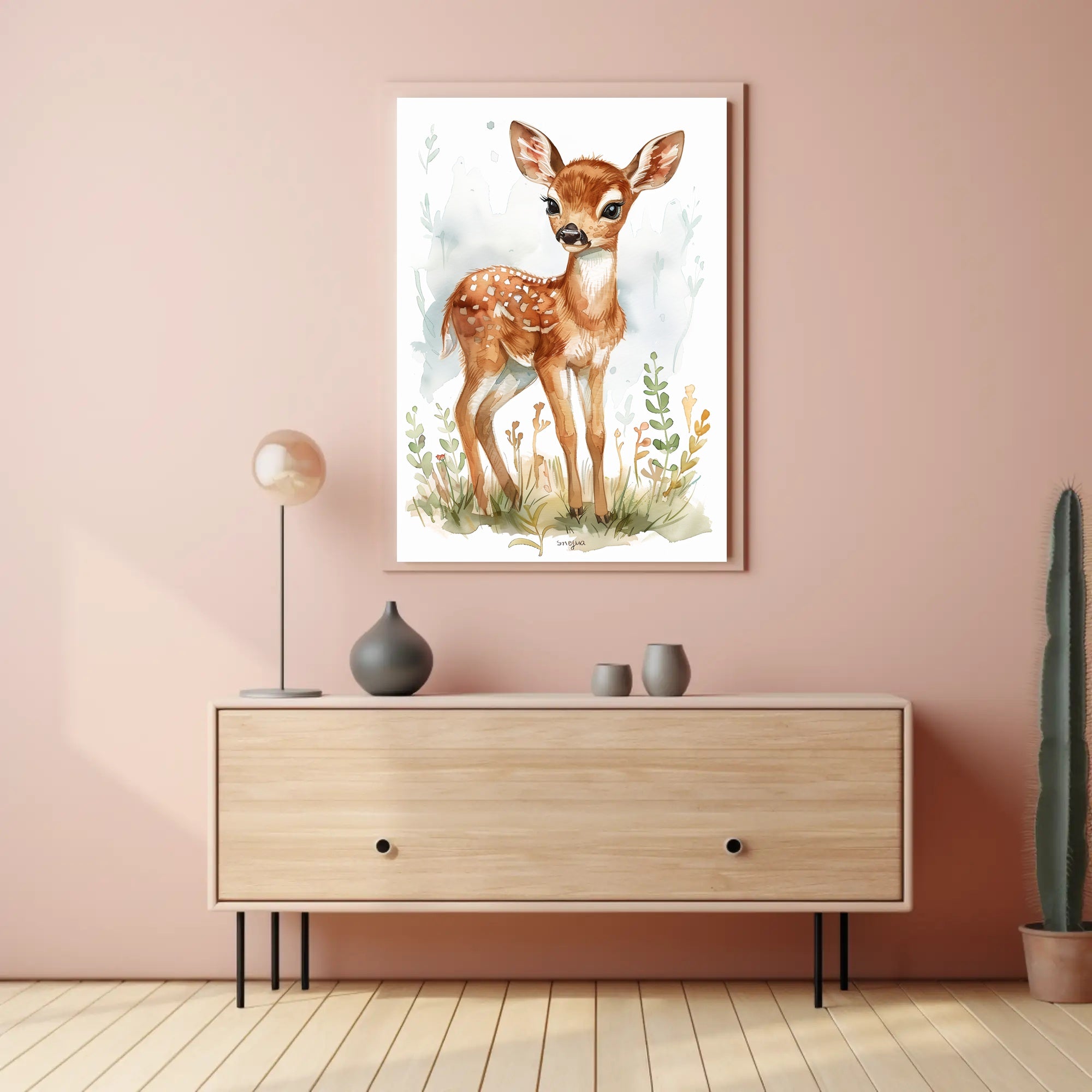 Young Deer in Nature Watercolor Animal Poster PosterGoat