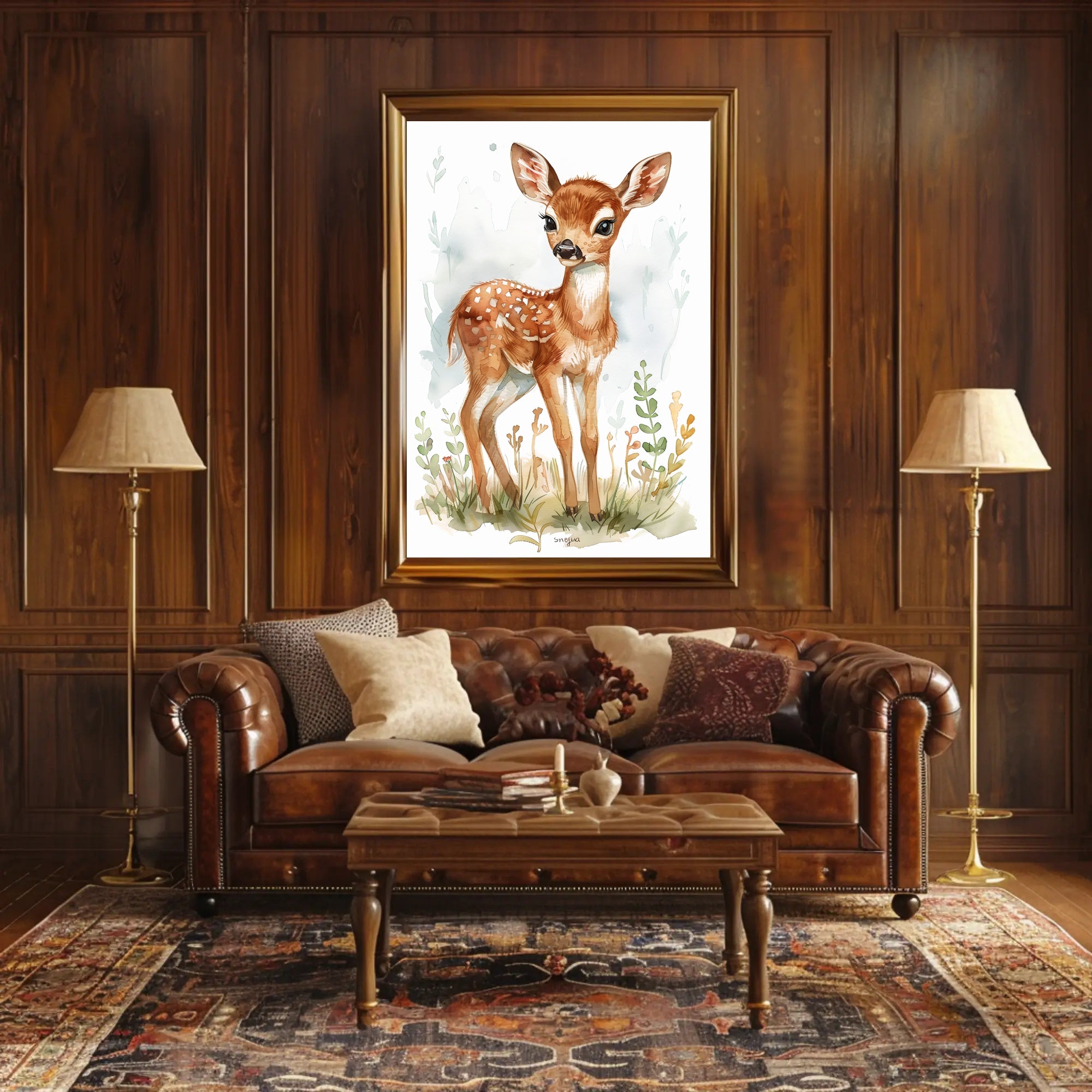 Young Deer in Nature Watercolor Animal Poster PosterGoat