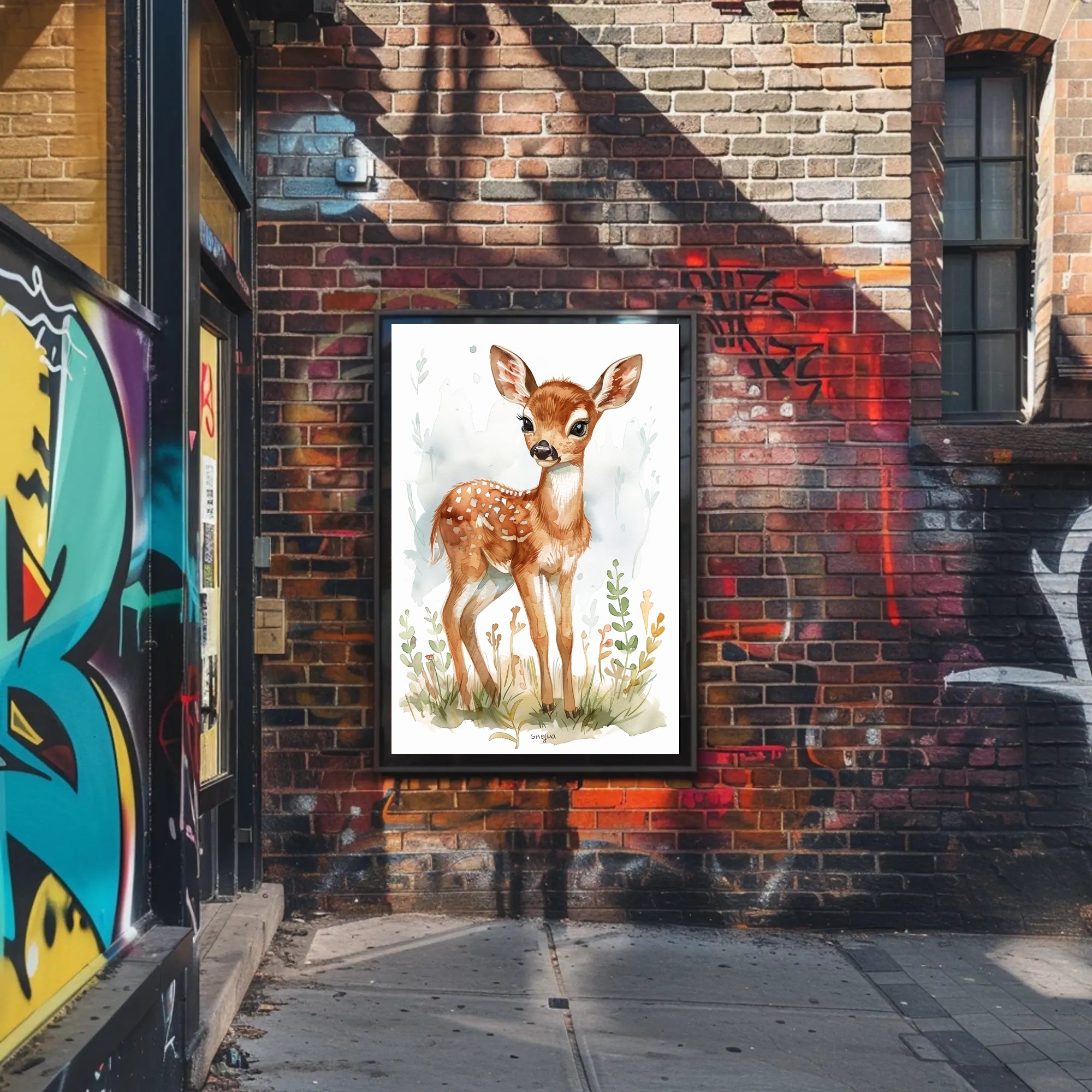 Young Deer in Nature Watercolor Animal Poster PosterGoat