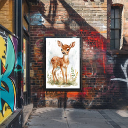 Young Deer in Nature Watercolor Animal Poster PosterGoat