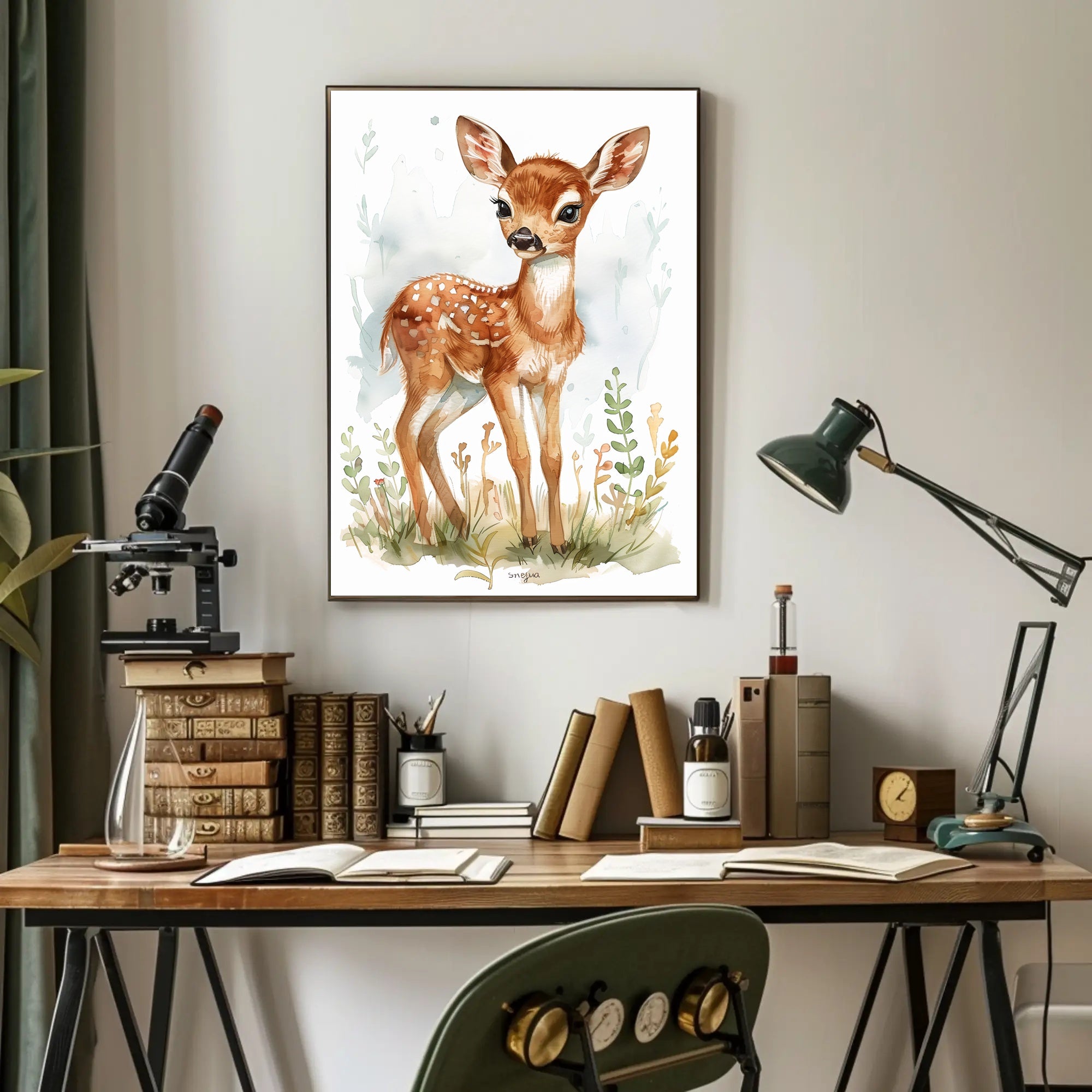Young Deer in Nature Watercolor Animal Poster PosterGoat