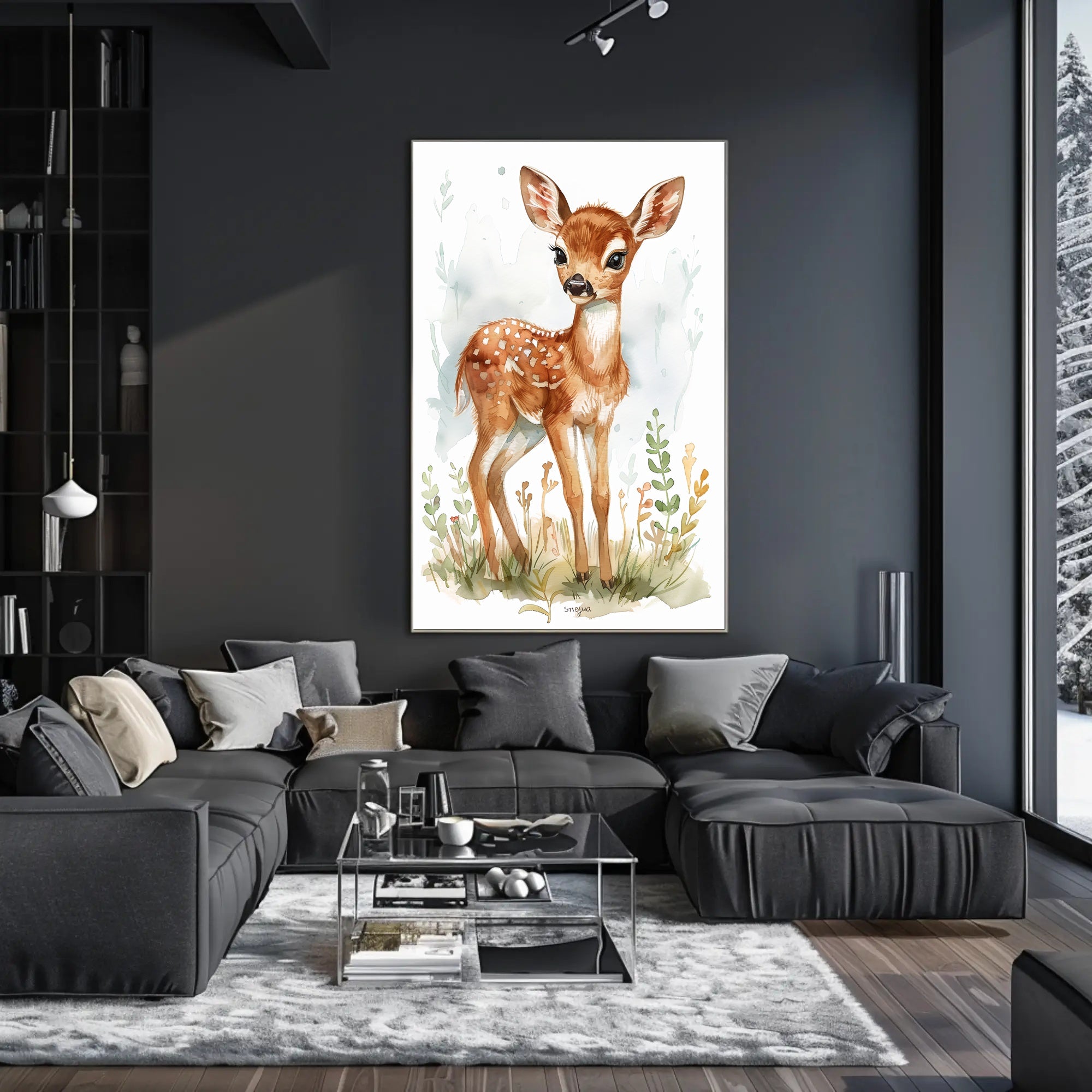 Young Deer in Nature Watercolor Animal Poster PosterGoat