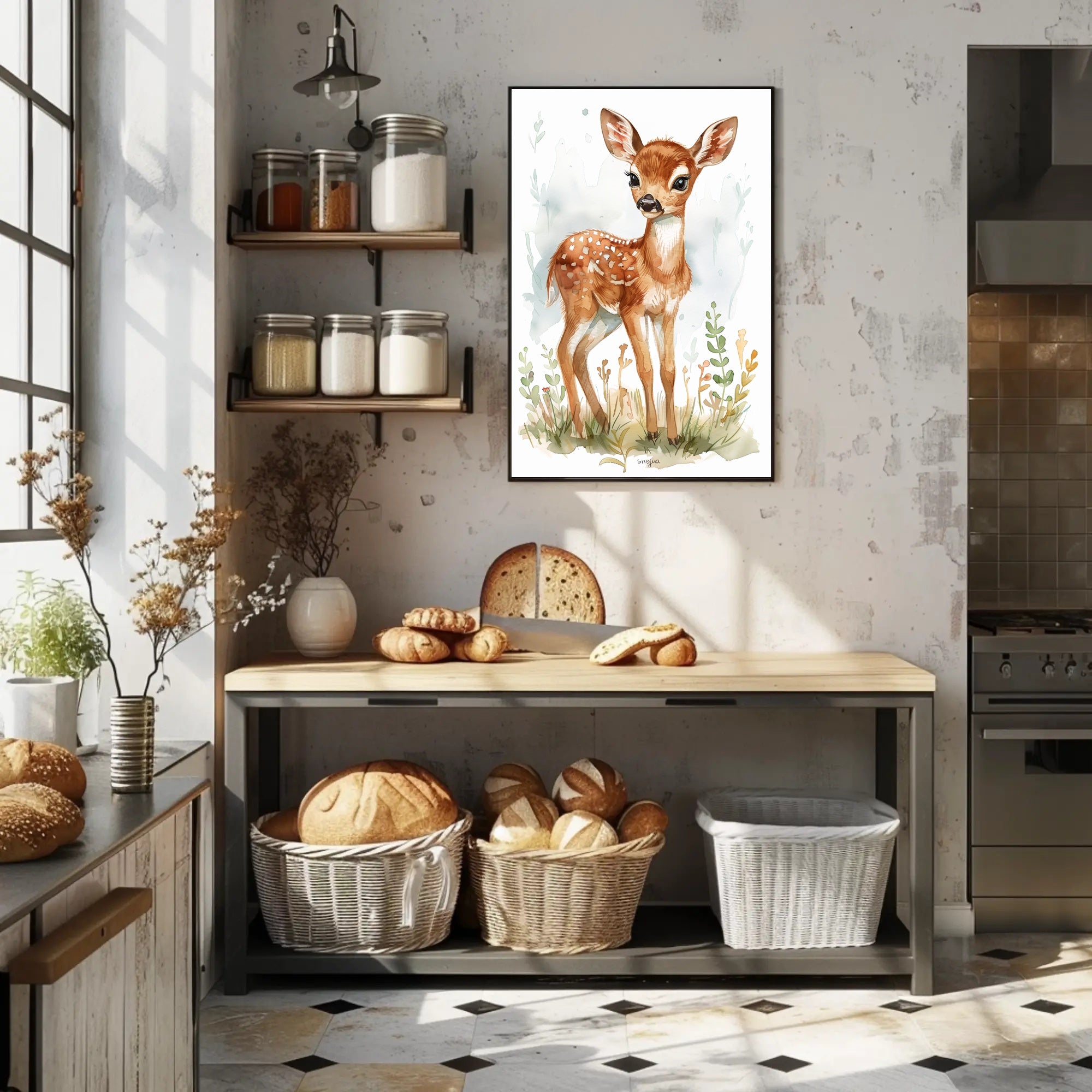Young Deer in Nature Watercolor Animal Poster PosterGoat