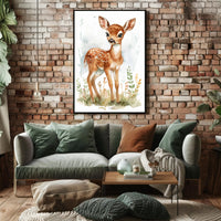 Young Deer in Nature Watercolor Animal Poster PosterGoat