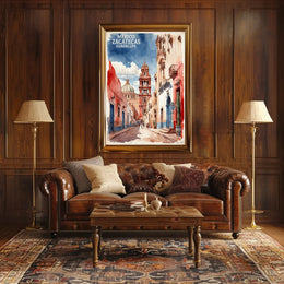 Zacatecas Guadalupe Colonial Watercolor Urban or Cityscape Poster PosterGoat
