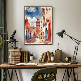 Zacatecas Guadalupe Colonial Watercolor Urban or Cityscape Poster PosterGoat