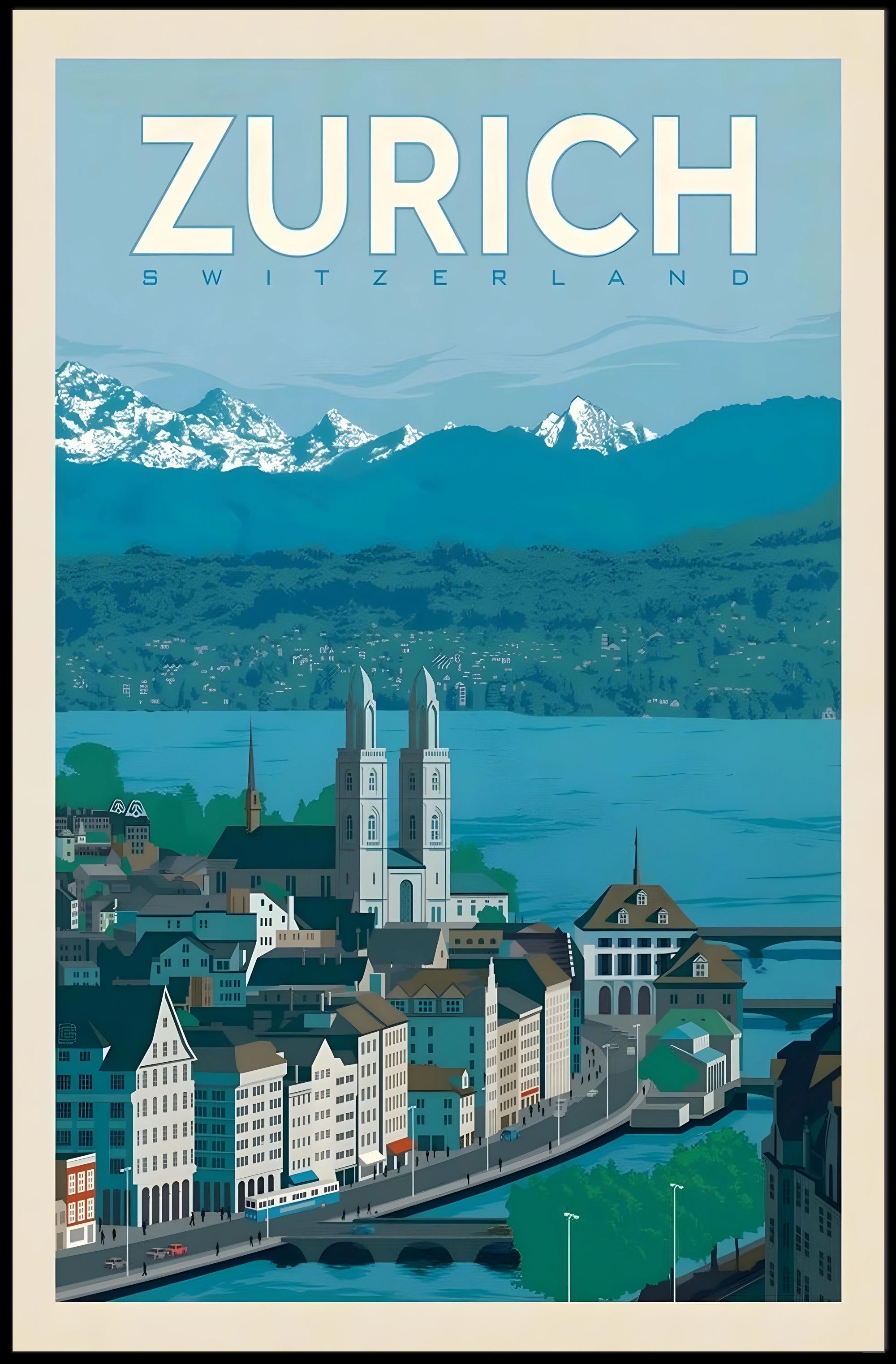 Zurich’s Iconic Landscapes Retro Travel Art Poster PosterGoat