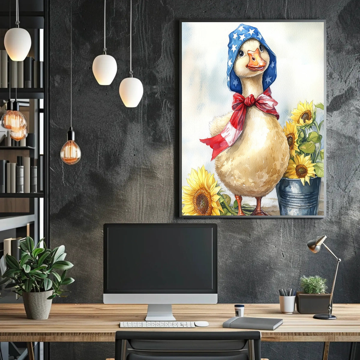 Chubby Goose In Star Spangled Bonnet With Sunflowers Poster
