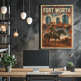 Fort Worth Cowboy Cityscape Vintage Collector Poster