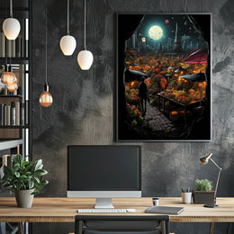 Moonlit Market In A Futuristic City Poster