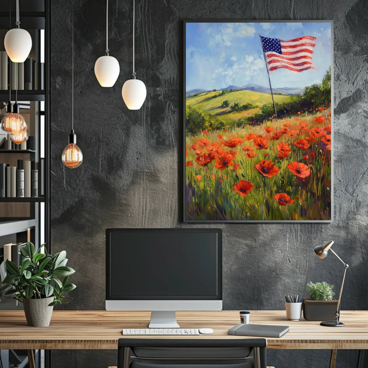 peaceful field of poppies with one large American flag Poster
