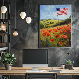 peaceful field of poppies with one large American flag Poster