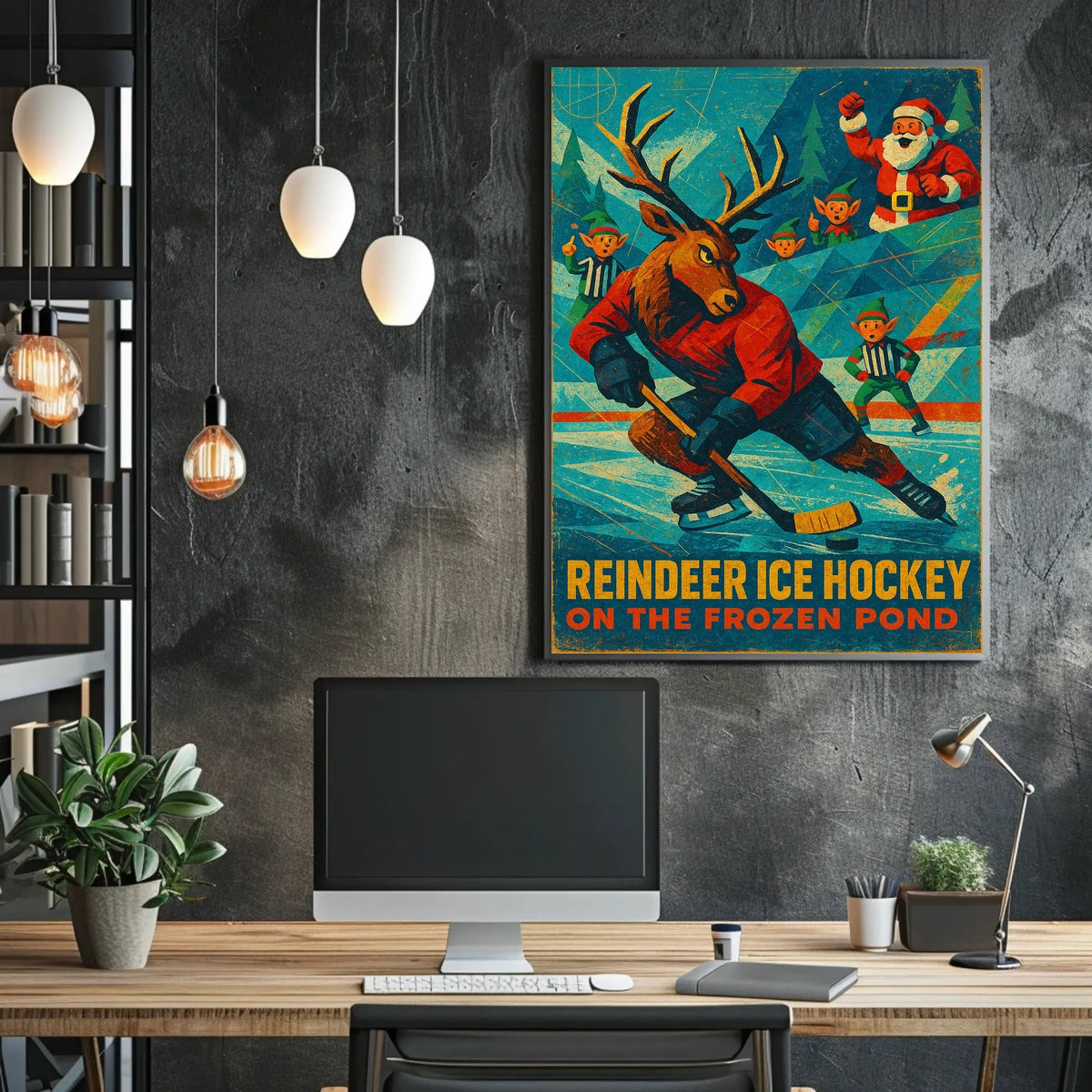 Reindeer Ice Hockey Holiday Fun Sports Poster