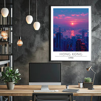 Vibrant Hong Kong Sunset Cityscape Urban Poster