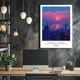 Vibrant Hong Kong Sunset Cityscape Urban Poster