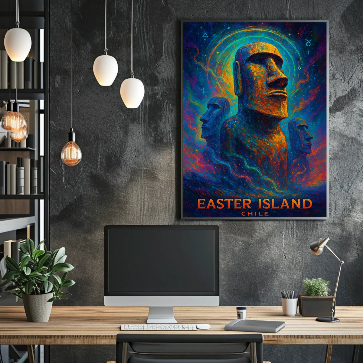 The poster showcases Easter Island, with a focus on the iconic Moai statues, Travel Poster