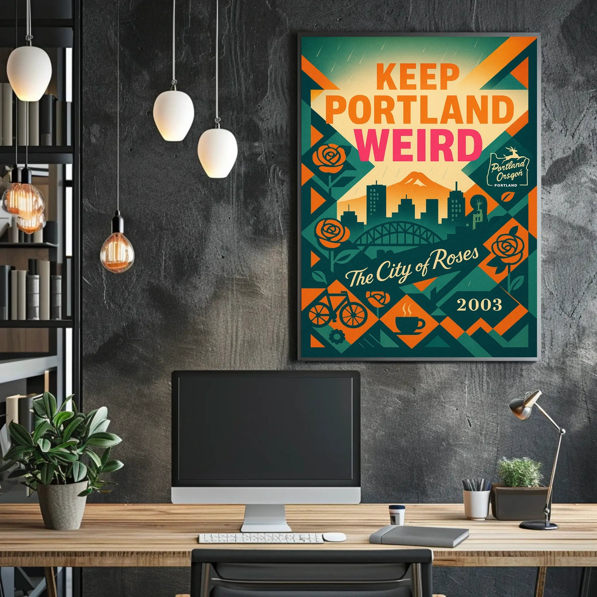 Portland Oregon Vintage Skyline Poster with Local Icons