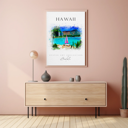 Hawaii Honolulu Sailboat Watercolor Skyline Poster