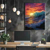 Dramatic Ocean Wave Sunset Scene Artistic Poster