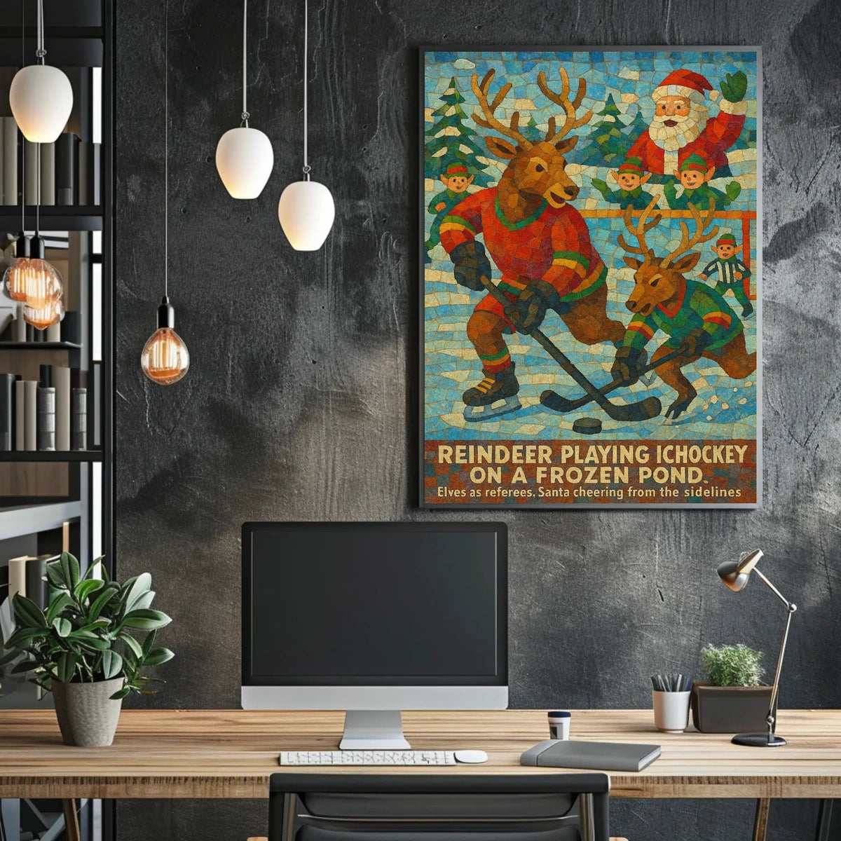 Whimsical Reindeer Ice Hockey Christmas Art Poster