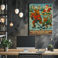Whimsical Reindeer Ice Hockey Christmas Art Poster
