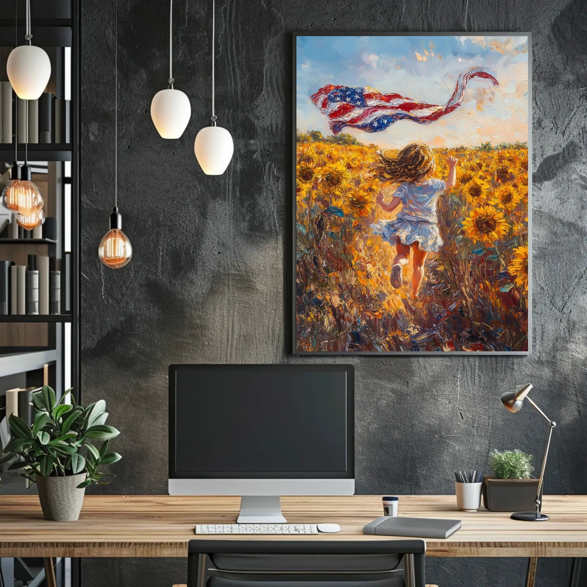 Child Running Through Sunflower Field At Golden Hour Poster